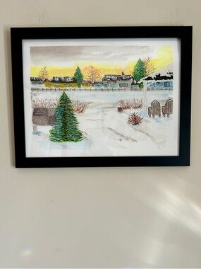 Original Watercolor Snowy Backyard Winter Scene Framed Wall Art